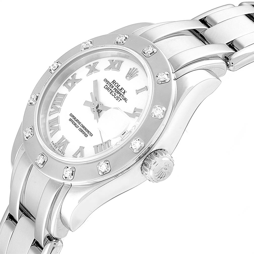 The image shows a side view of a Rolex Pearlmaster 80319 Women's White Gold White Dial 80319 Women's White Gold White Dial watch, highlighting the dial, bezel, crown, and part of the bracelet.