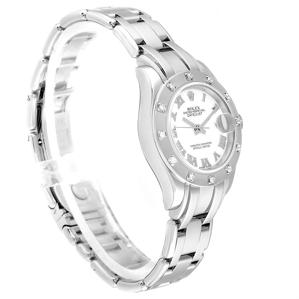 The image shows a side angle view of the Rolex Pearlmaster 80319 Women's White Gold White Dial 80319 Women's White Gold White Dial watch, highlighting the bracelet, bezel, and face.