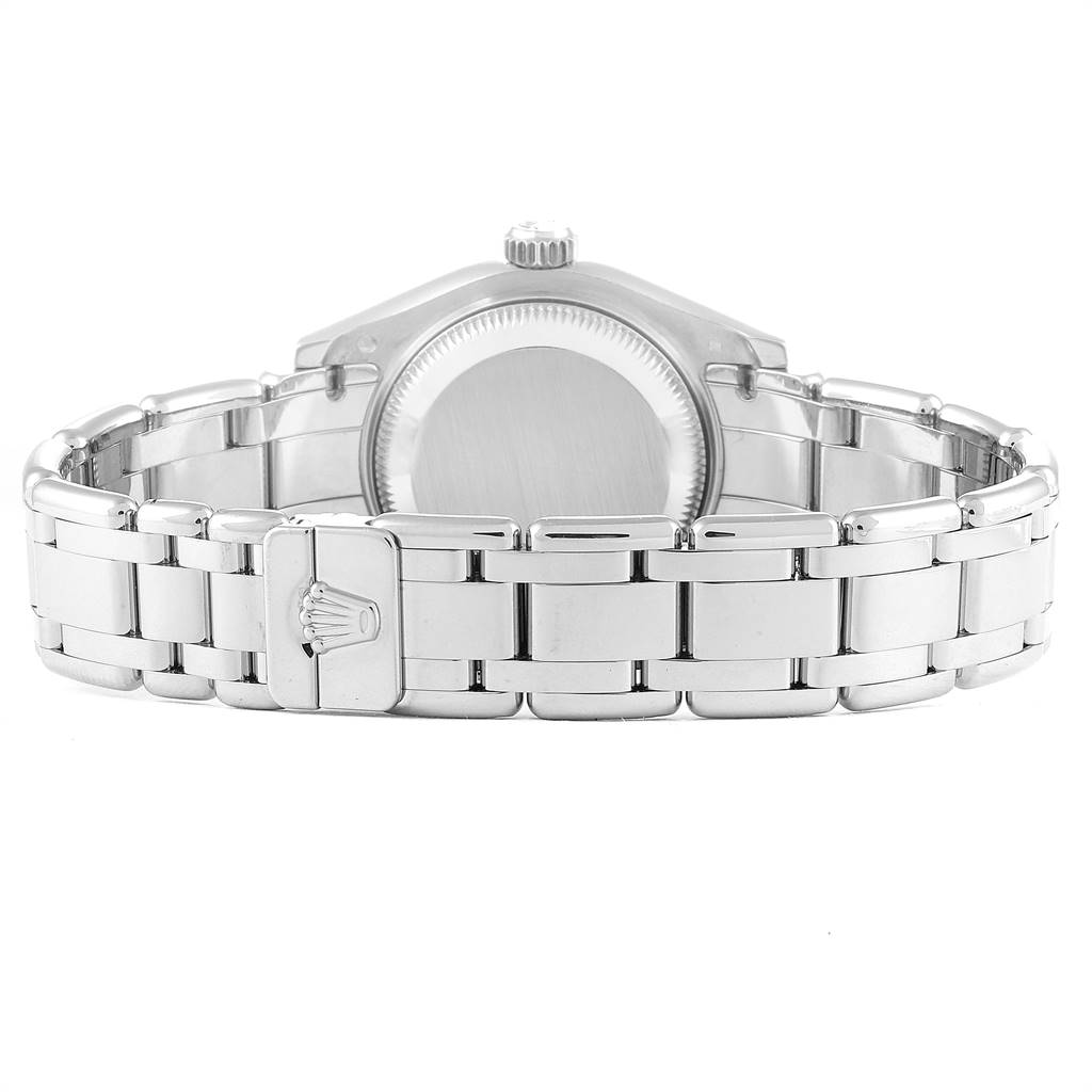 The image shows the back view of the Rolex Pearlmaster 80319 Women's White Gold White Dial 80319 Women's White Gold White Dial watch, focusing on the bracelet and clasp.