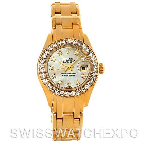 The image shows a front view of the Rolex Pearlmaster 802998 Women's Yellow Gold Mother of Pearl Dial 802998 Women's Yellow Gold Mother of Pearl Dial watch, highlighting its gold bracelet, diamond-encrusted bezel, and date window.