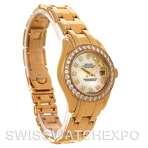 The image shows a Rolex Pearlmaster 802998 Women's Yellow Gold Mother of Pearl Dial 802998 Women's Yellow Gold Mother of Pearl Dial watch at a three-quarter view angle, highlighting the face, bezel, and bracelet.