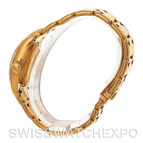 The image shows a side view of a Rolex Pearlmaster 802998 Women's Yellow Gold Mother of Pearl Dial 802998 Women's Yellow Gold Mother of Pearl Dial watch, highlighting the case and bracelet.