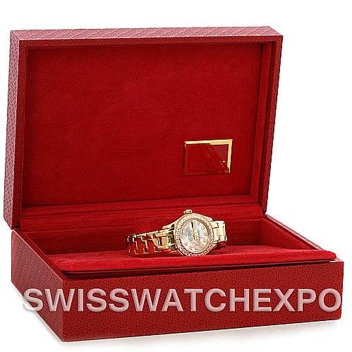 The image shows a Rolex Pearlmaster 802998 Women's Yellow Gold Mother of Pearl Dial 802998 Women's Yellow Gold Mother of Pearl Dial watch displayed inside an open red box.
