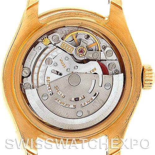 The image shows the internal mechanism of a Rolex Pearlmaster 80298 Women's Yellow Gold Mother of Pearl Dial 80298 Women's Yellow Gold Mother of Pearl Dial watch from the back angle.