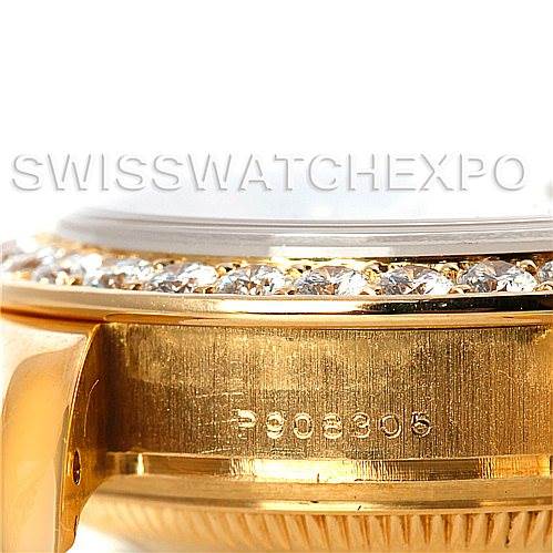 This image shows a close-up side view of the bezel and case of a Rolex Pearlmaster 80298 Women's Yellow Gold Mother of Pearl Dial 80298 Women's Yellow Gold Mother of Pearl Dial watch, highlighted by its diamond setting.