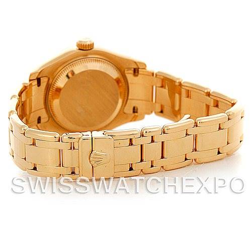 The image shows the back and bracelet of a Rolex Pearlmaster 80298 Women's Yellow Gold Mother of Pearl Dial 80298 Women's Yellow Gold Mother of Pearl Dial watch, highlighting its gold-tone and clasp.