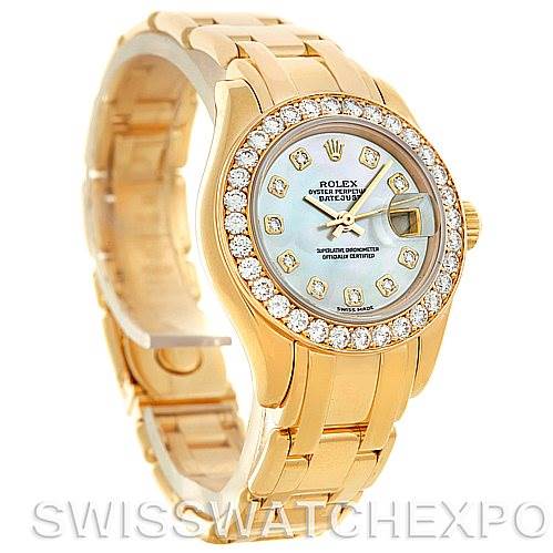 This image shows a side and front angle view of the Rolex Pearlmaster 80298 Women's Yellow Gold Mother of Pearl Dial 80298 Women's Yellow Gold Mother of Pearl Dial watch, highlighting its gold band and diamond-encrusted bezel.