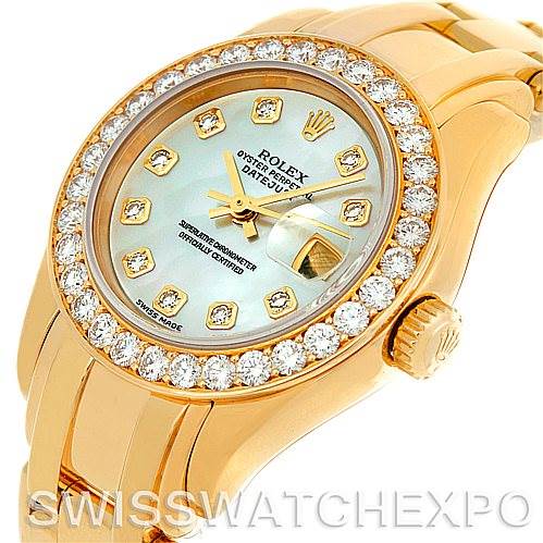 The image shows a Rolex Pearlmaster 80298 Women's Yellow Gold Mother of Pearl Dial 80298 Women's Yellow Gold Mother of Pearl Dial watch at an angled view, highlighting the diamond-encrusted bezel, crown, and part of the bracelet.