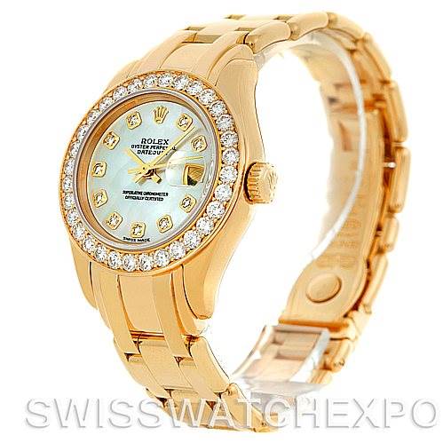 The image shows a Rolex Pearlmaster 80298 Women's Yellow Gold Mother of Pearl Dial 80298 Women's Yellow Gold Mother of Pearl Dial watch angled to display the face, bezel, and part of the bracelet.