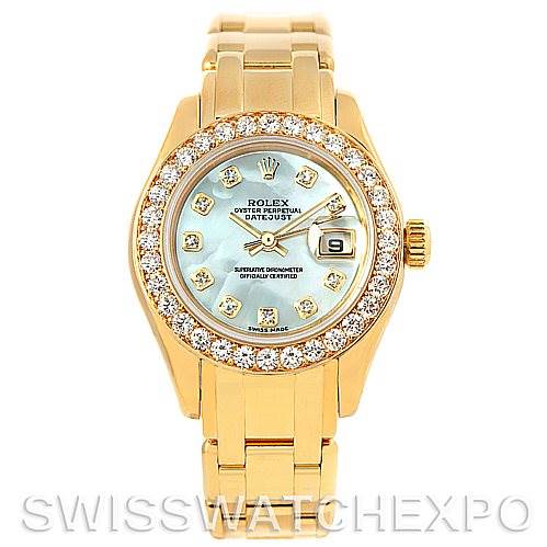 This image shows a front view of a Rolex Pearlmaster 80298 Women's Yellow Gold Mother of Pearl Dial 80298 Women's Yellow Gold Mother of Pearl Dial watch, featuring a gold case, diamond bezel, and a light blue dial.