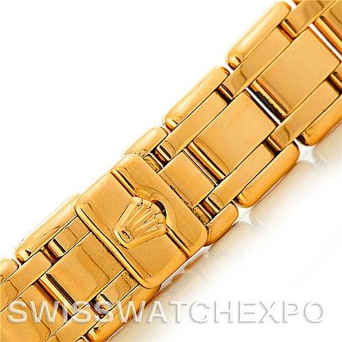 The image shows a close-up view of the gold bracelet and clasp of a Rolex Pearlmaster 69298 Women's Yellow Gold Mother of Pearl Dial 69298 Women's Yellow Gold Mother of Pearl Dial watch.