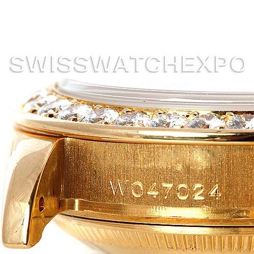 The image shows a close-up side view of the Rolex Pearlmaster 69298 Women's Yellow Gold Mother of Pearl Dial 69298 Women's Yellow Gold Mother of Pearl Dial watch, highlighting its bezel and part of the case with visible serial number.
