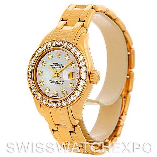 The image shows a Rolex Pearlmaster 69298 Women's Yellow Gold Mother of Pearl Dial 69298 Women's Yellow Gold Mother of Pearl Dial watch at a slight angle, displaying the face, bezel, band, and crown.