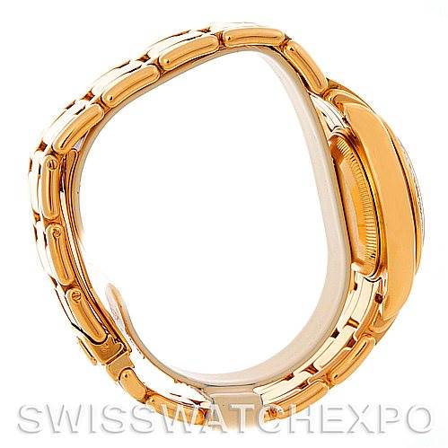 The image shows a side view of the Rolex Pearlmaster 69298 Women's Yellow Gold Mother of Pearl Dial 69298 Women's Yellow Gold Mother of Pearl Dial, highlighting the bracelet and case.