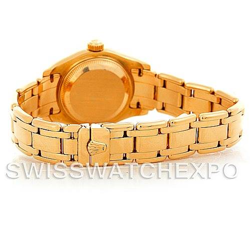 This image shows the back view and bracelet of a Rolex Pearlmaster 69298 Women's Yellow Gold Mother of Pearl Dial 69298 Women's Yellow Gold Mother of Pearl Dial watch.