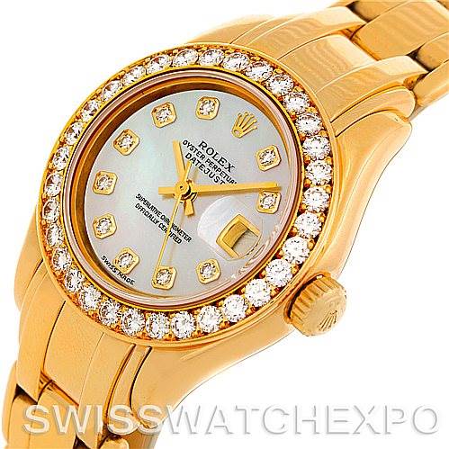 This image shows the face and band of a Rolex Pearlmaster 69298 Women's Yellow Gold Mother of Pearl Dial 69298 Women's Yellow Gold Mother of Pearl Dial watch, focusing on the diamond-encrusted bezel and bracelet.