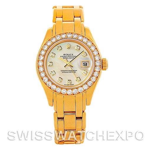 The Rolex Pearlmaster 69298 Women's Yellow Gold Mother of Pearl Dial 69298 Women's Yellow Gold Mother of Pearl Dial watch is shown from a top-down angle, displaying its face, bezel, and bracelet.