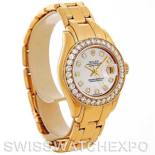 This image shows a Rolex Pearlmaster 69298 Women's Yellow Gold Mother of Pearl Dial 69298 Women's Yellow Gold Mother of Pearl Dial watch at a slight angle, displaying the dial, bezel with diamonds, and part of the bracelet.