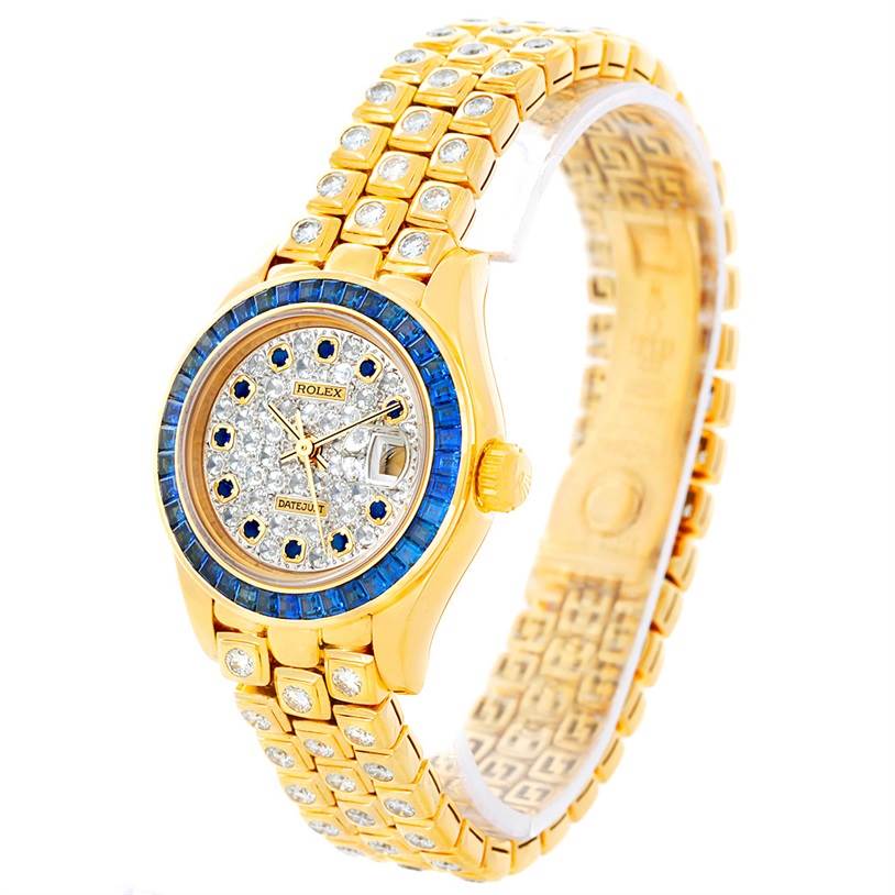 The image shows a Rolex Pearlmaster 69308 Women's Yellow Gold  69308 Women's Yellow Gold  watch from a front angle, highlighting the dial, bezel, and bracelet.
