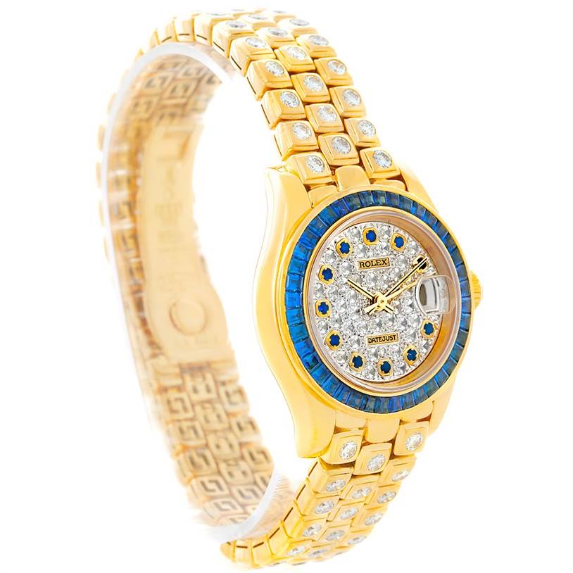 The Rolex Pearlmaster 69308 Women's Yellow Gold  69308 Women's Yellow Gold  watch is shown at a three-quarter angle, highlighting its diamond-studded bracelet and jeweled dial.