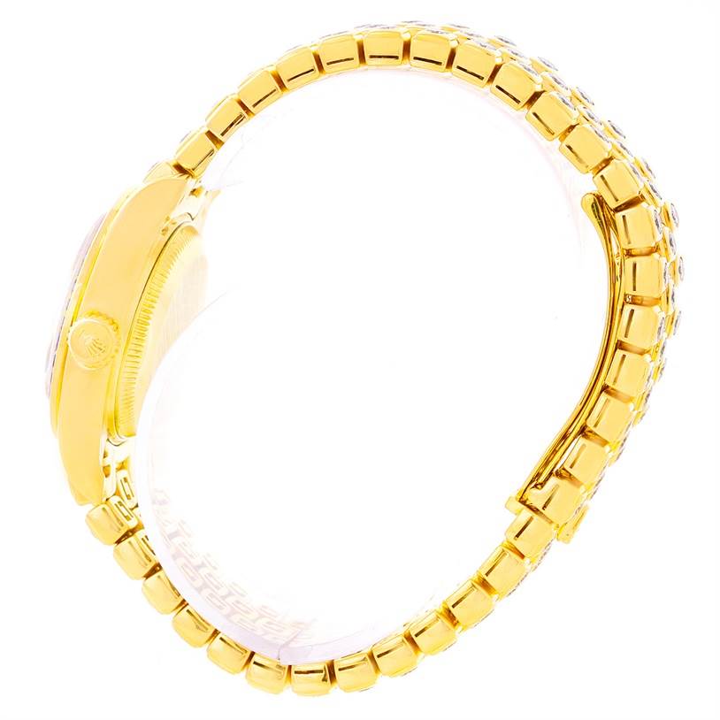 The image shows a side profile view of the Rolex Pearlmaster 69308 Women's Yellow Gold  69308 Women's Yellow Gold  watch, highlighting its gold band and case.