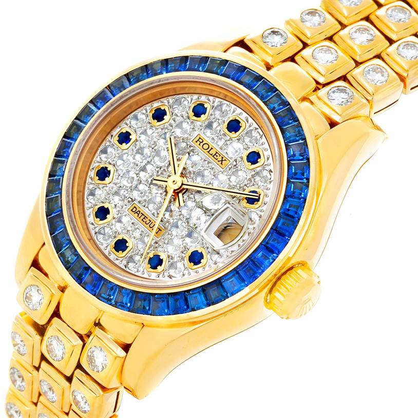 The Rolex Pearlmaster 69308 Women's Yellow Gold  69308 Women's Yellow Gold  watch is shown at an angled close-up, displaying the dial, bezel, crown, and part of the bracelet.