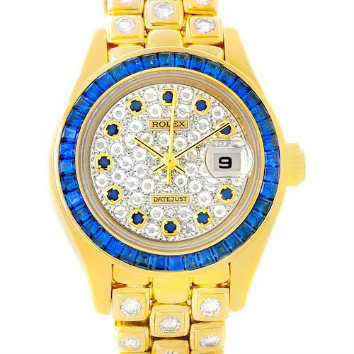Photo of Rolex Masterpiece Pearlmaster Yellow Gold Diamond Sapphire Watch 69308
